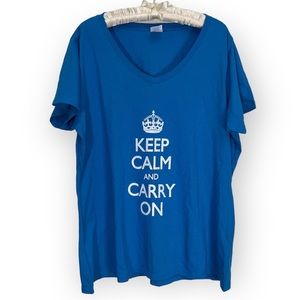 Teal Blue Womens T-shirt "Keep Calm And Carry On" V-Neck 100% Cotton Plus Sz XXL